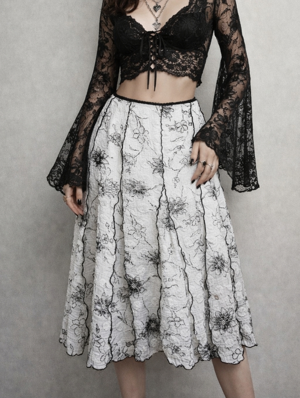 Vintage Y2K Linea Domani Floral Midi Skirt Size XL Whimsical Lace Detail EUC